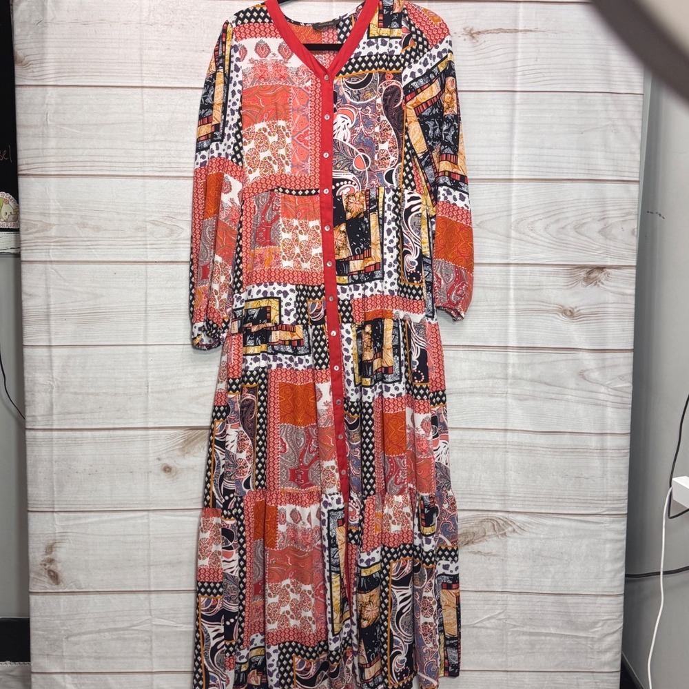 Roolee Mixed Patchwork Paisley Tiered Maxi Dress Red Orange Medium